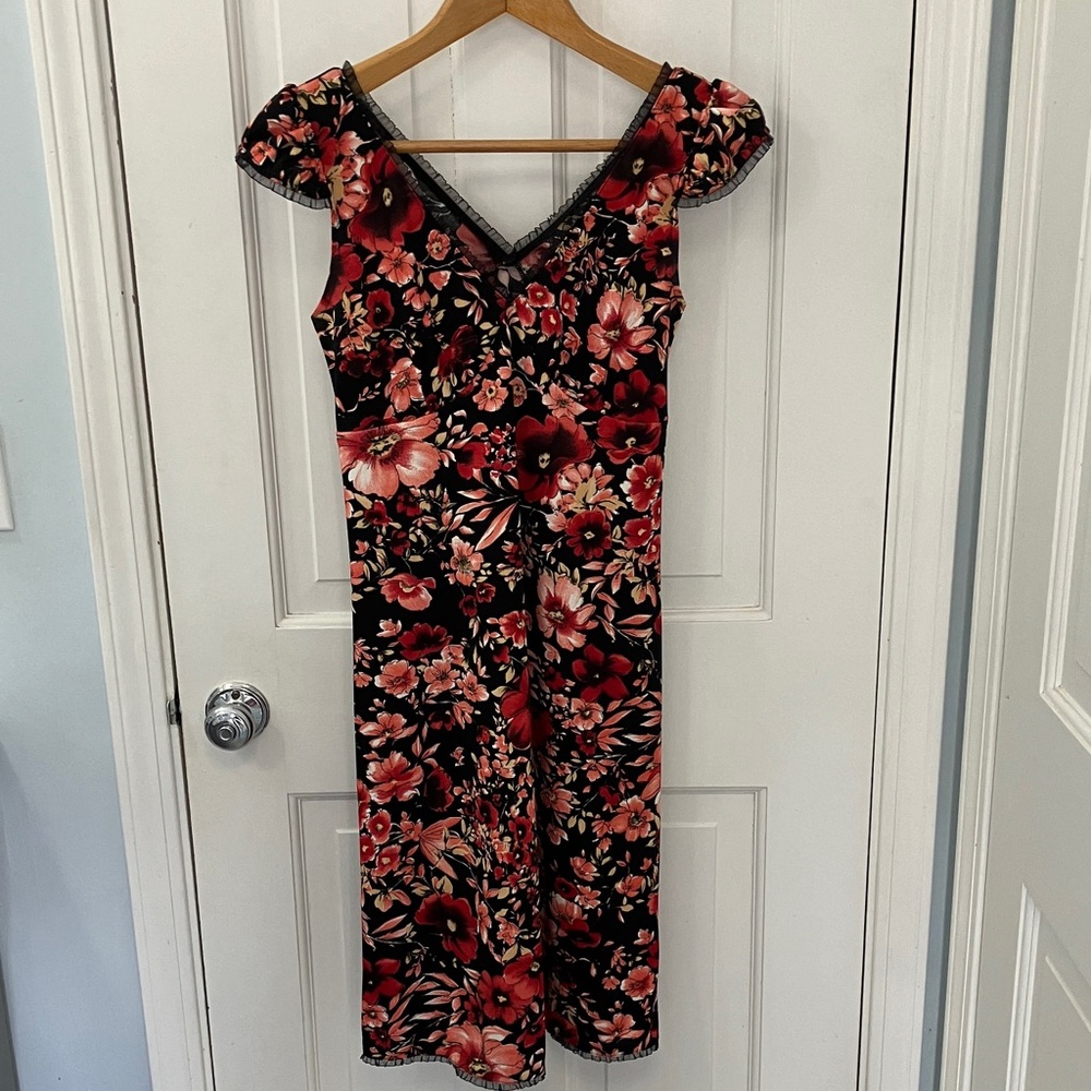 Vintage Y2K Lilybleu Floral Black Red pink Women's Dress size Small ruffle